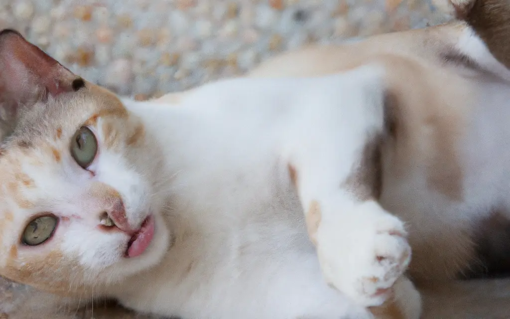 Gato blanco y canela tumbado sobre el suelo