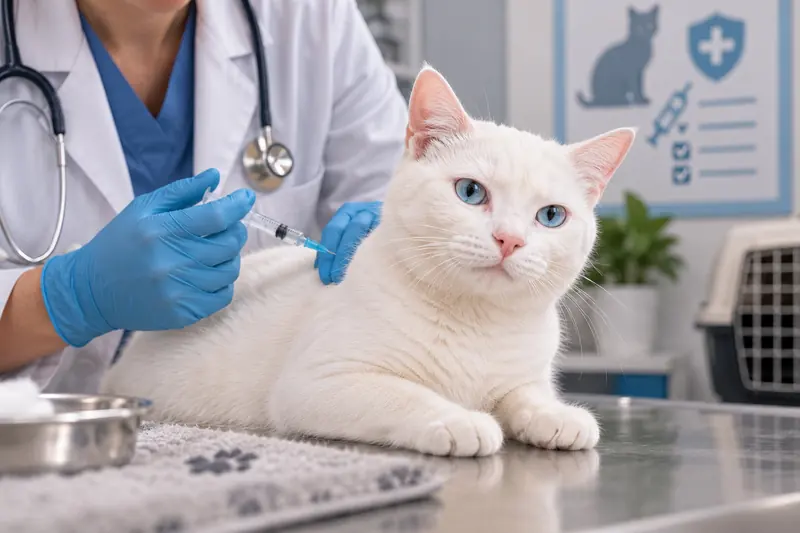 Veterinaria con guantes azules poniendo una vacuna a un gato blanco sobre la mesa de la consulta
