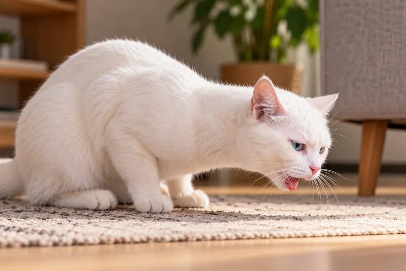 Gato blanco agachado sobre una alfombra con la boca entreabierta, en postura de toser