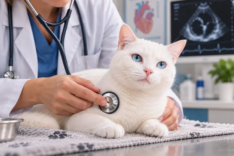 Veterinaria auscultando con un fonendoscopio a un gato blanco, con una ecografía del corazón al fondo