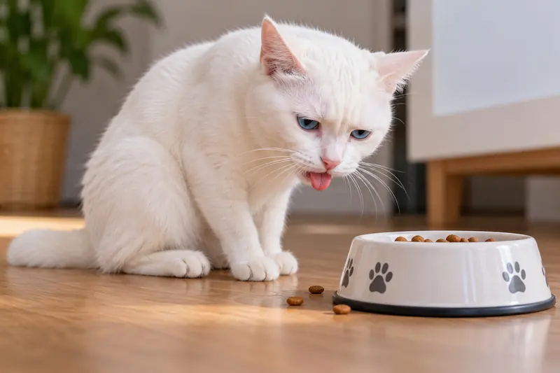 Gato blanco de ojos azules sentado junto a su comedero, con gesto de malestar y la lengua fuera